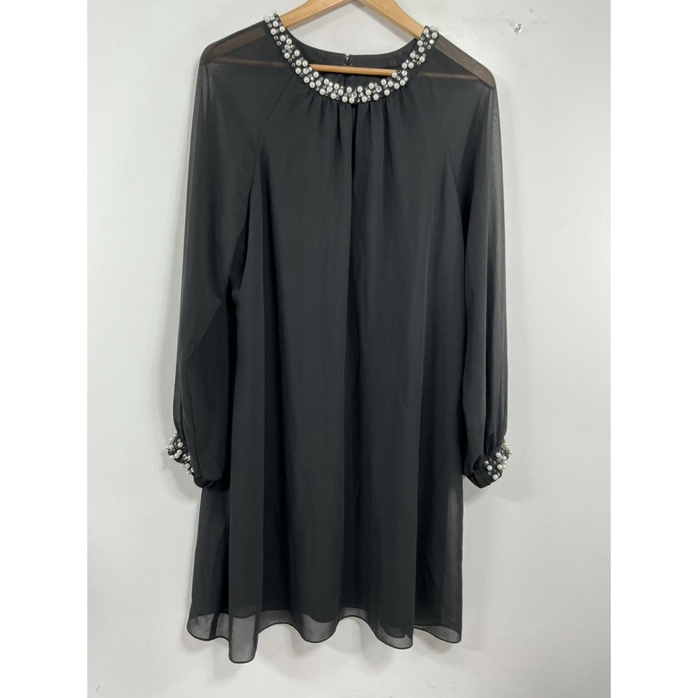 Womans SLNY Pullover Shift Party Dress Size 16 Black Lined Pearl Accents
